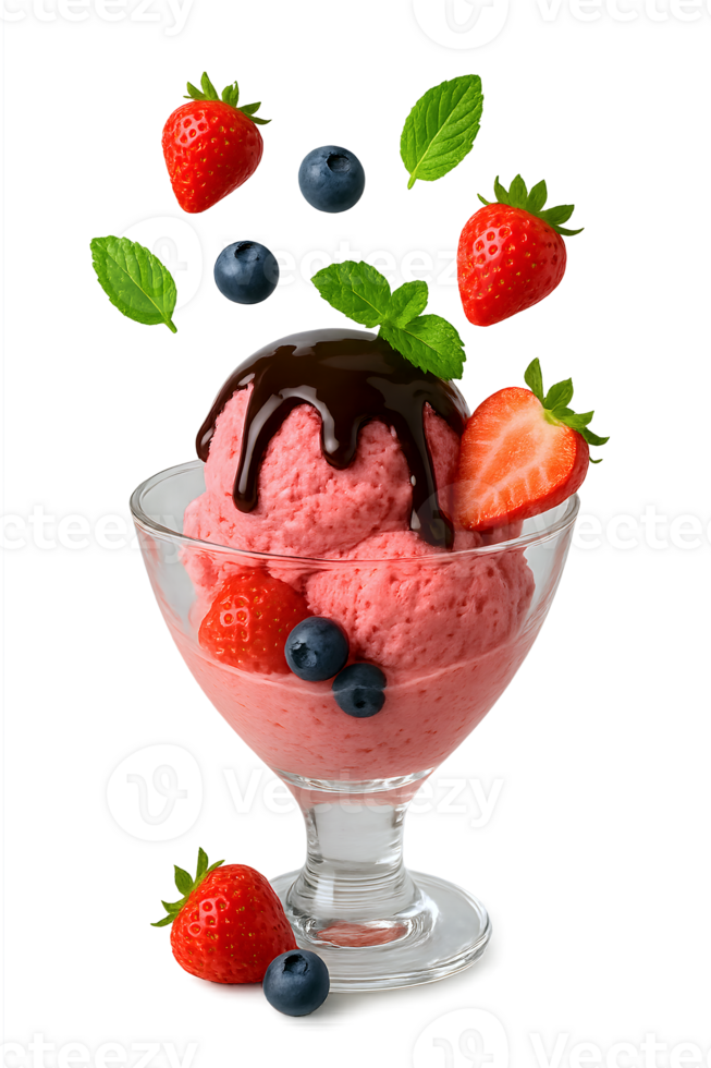 Strawberry Ice Cream with Chocolate Sauce, Fresh Berries, and Mint on Transparent Background, Refreshing Summer dessert, delicious food png