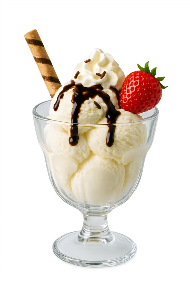 Refreshing Vanilla Ice Cream Sundae Treat with Strawberry, Chocolate, and Whipped Cream, delicious dessert png