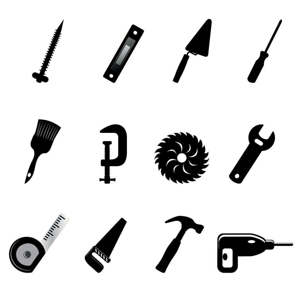 Set of simple black and white construction tools icons isolated on white background vector