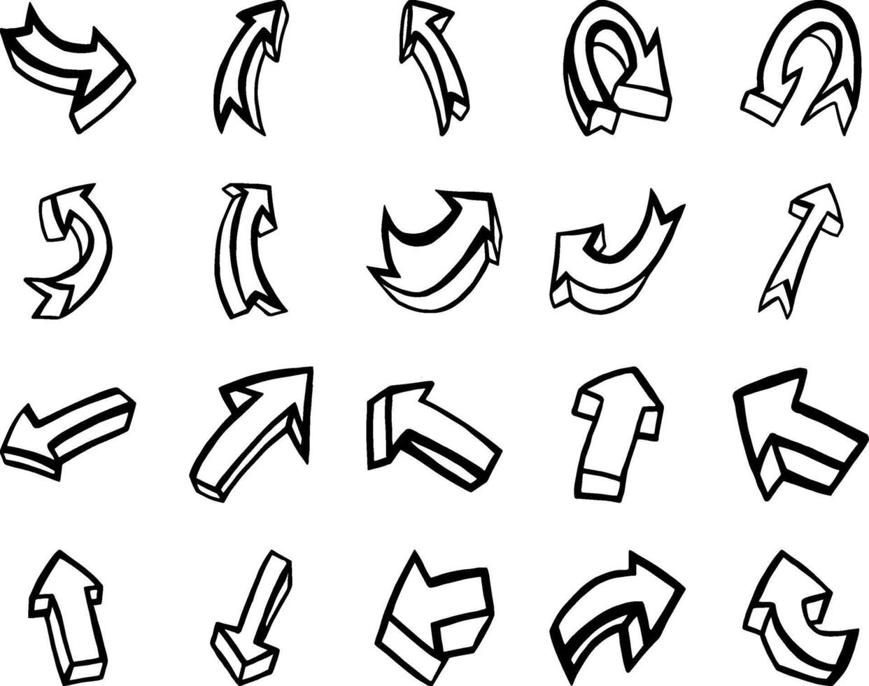 Collection of hand drawn black and white arrows pointing in various directions on white background vector