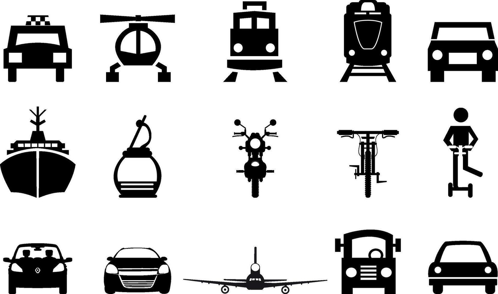 A collection of simplified black silhouettes representing various transportation modes vector