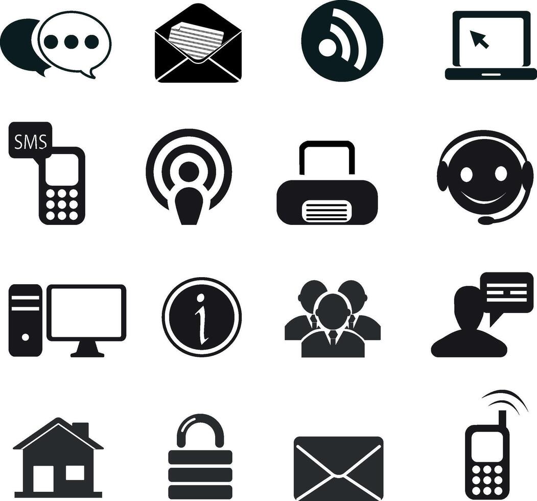 Collection of communication and technology icons depicting various digital and physical connections vector