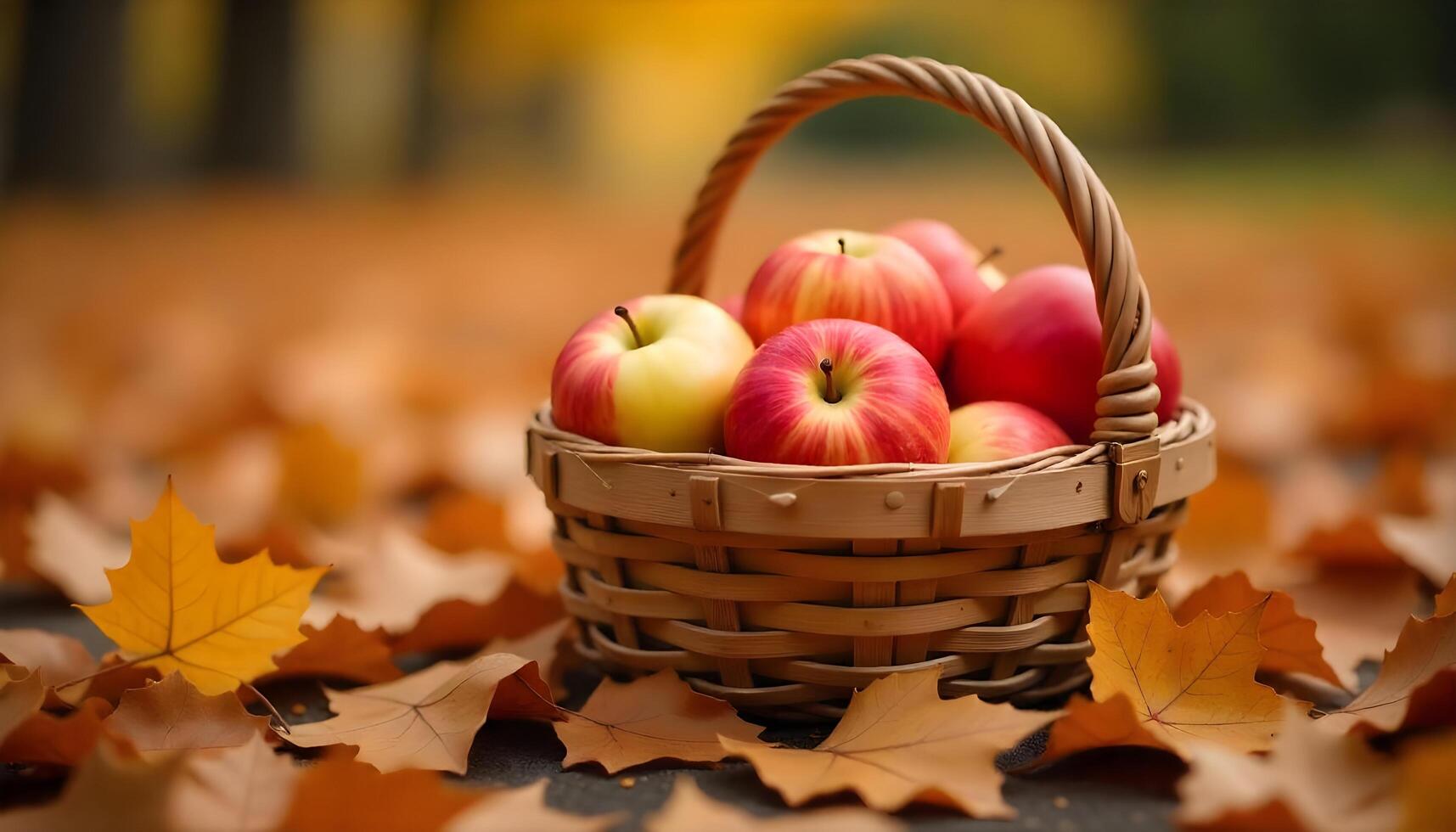 Apples in a wicker basket amidst autumn leaves photo