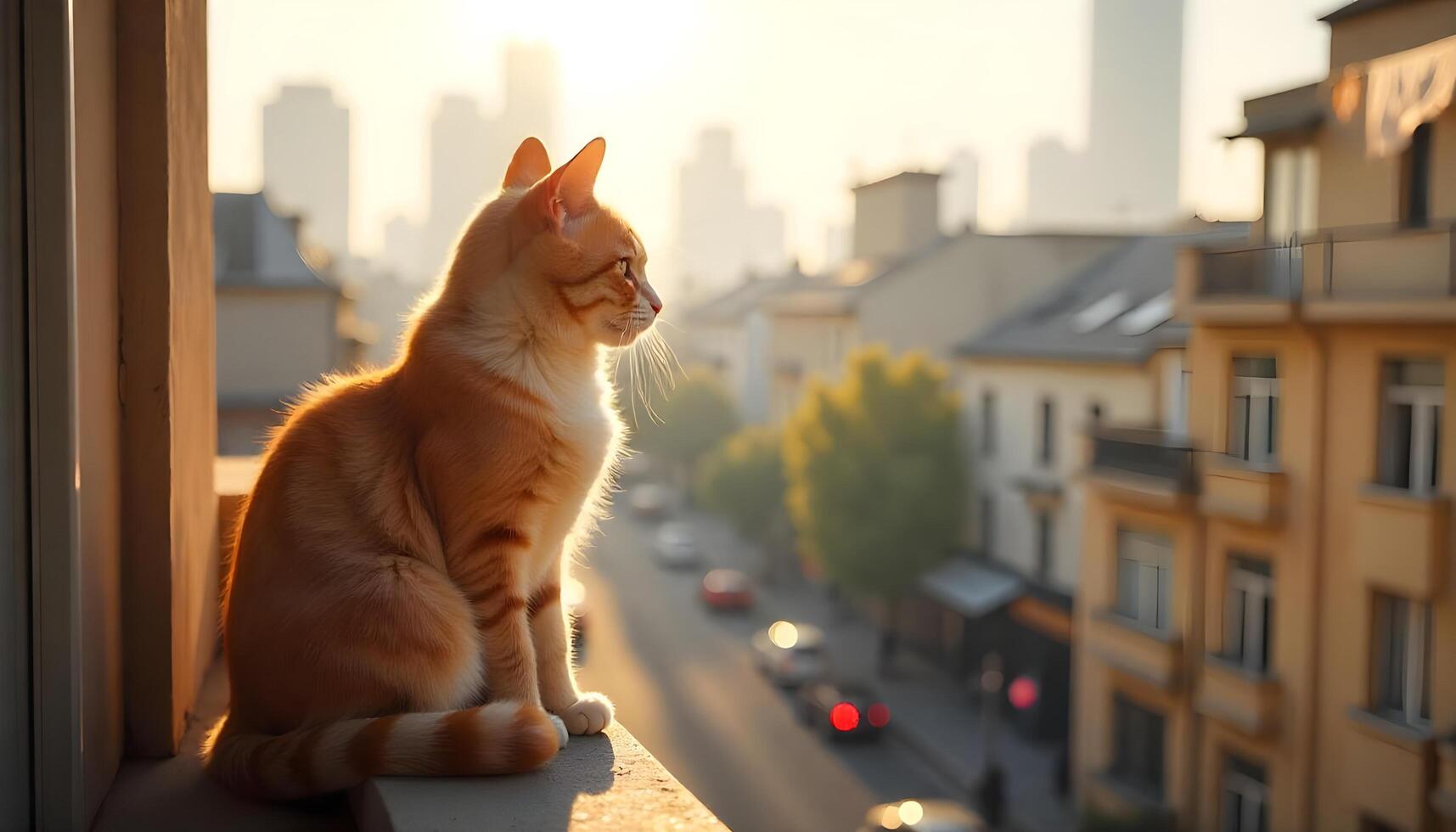 Ginger Cat Contemplating City Scenery from a Window photo