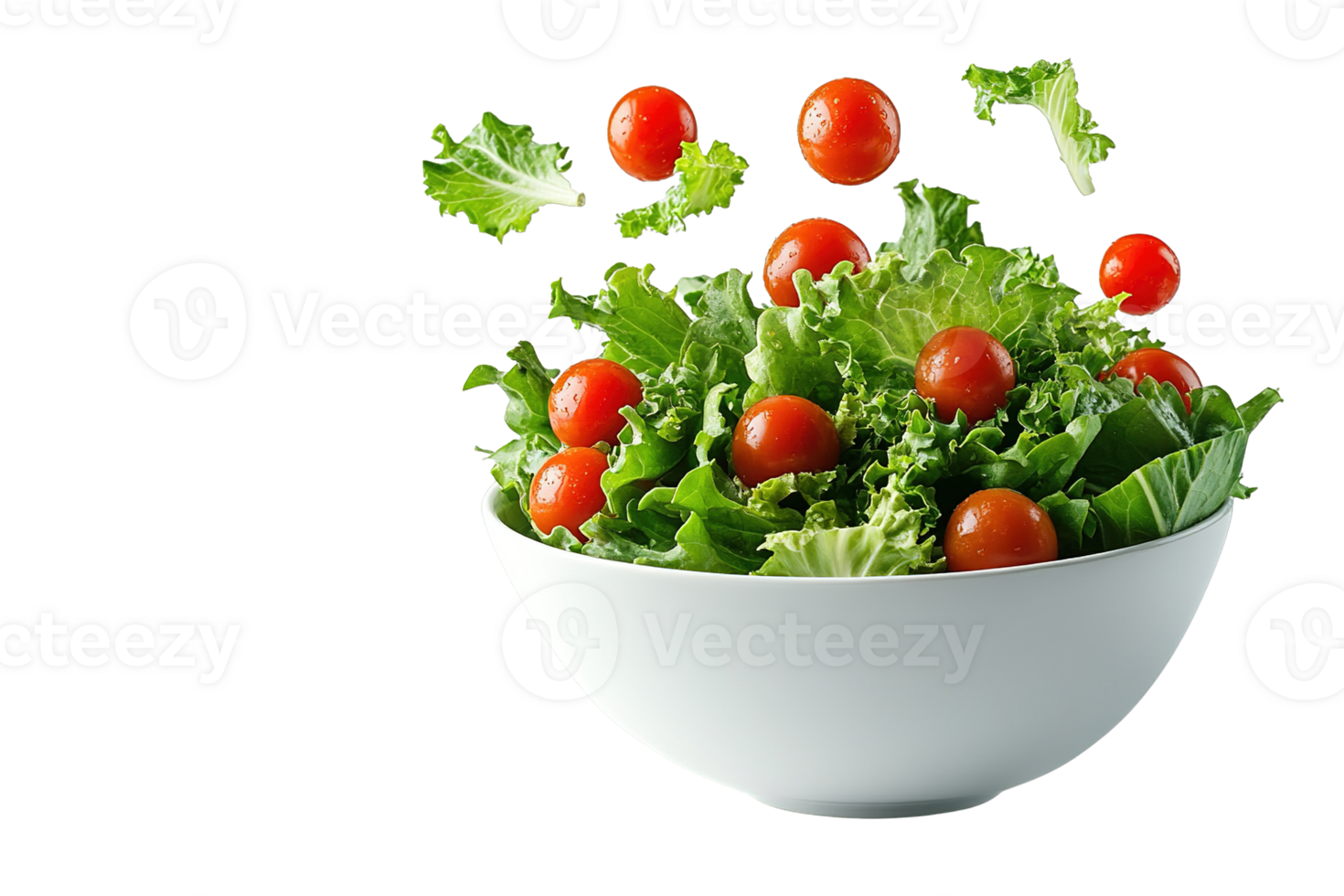 Healthy Vegetarian Meal with Crisp Green Lettuce and Juicy Red Cherry Tomatoes Falling into White Bowl on Transparent Background png