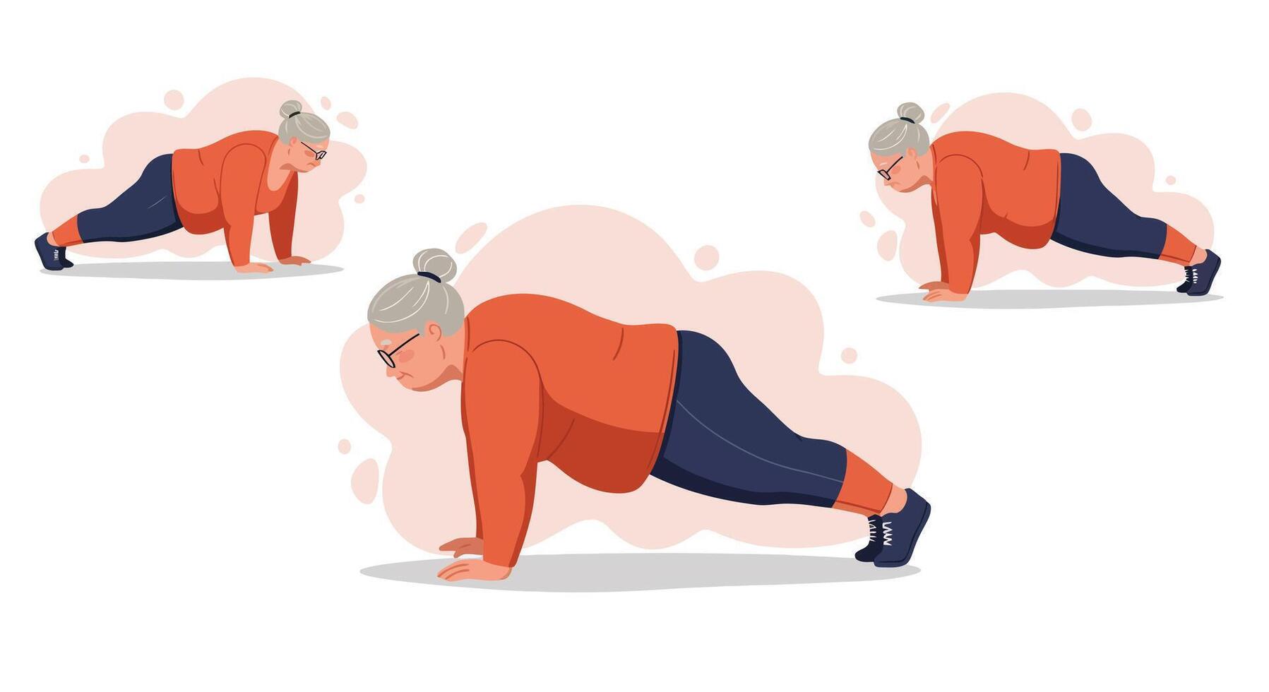 Senior woman doing push ups exercise in orange sweater and navy pants healthy lifestyle fitness activity illustration vector