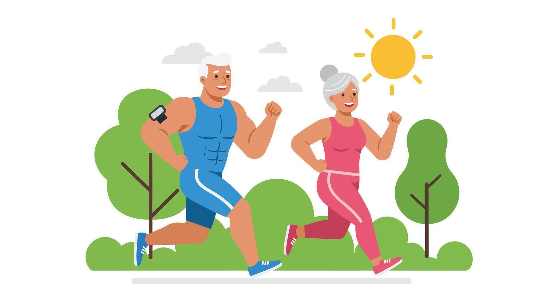 Senior man and woman jogging outdoors fitness activity with sun and trees in background illustration vector