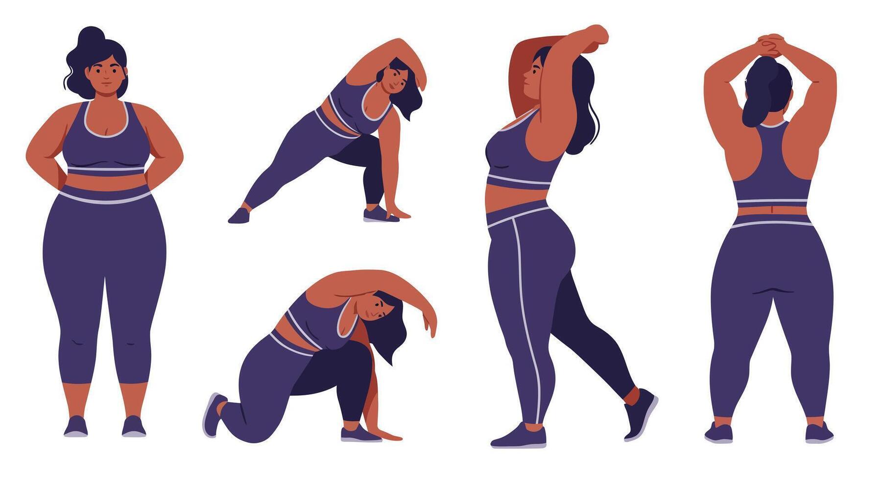Woman in activewear performing diverse stretching exercises in fitness routine illustration vector