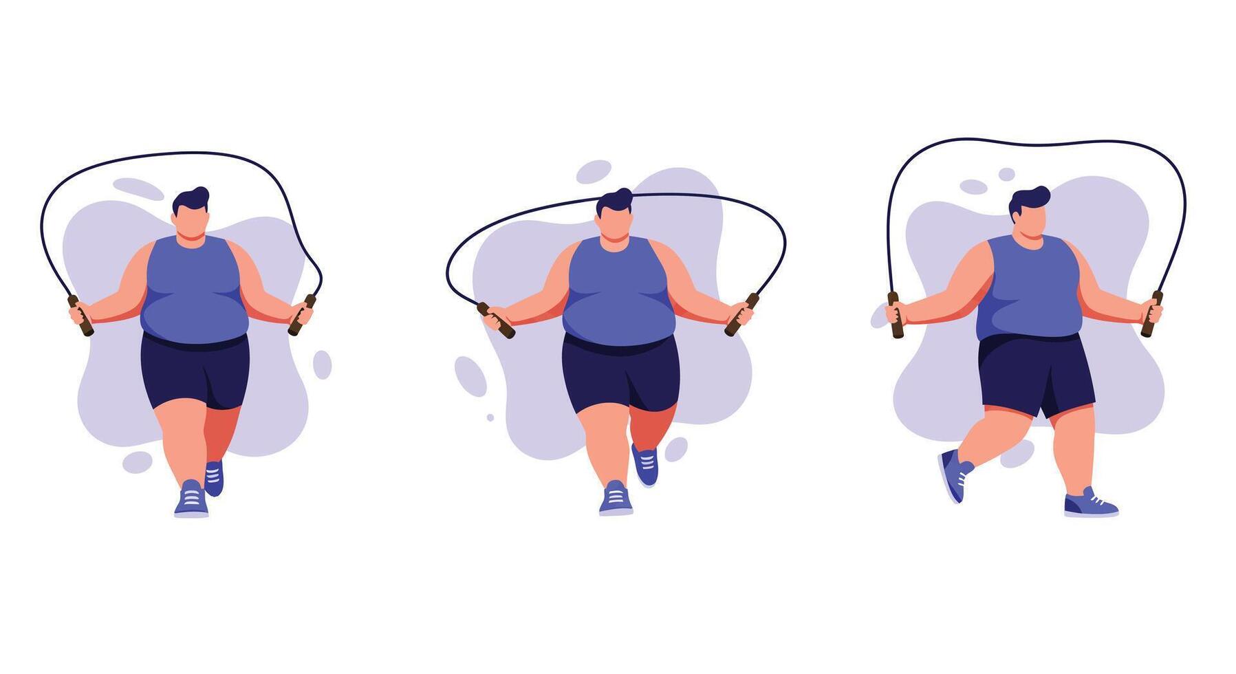 Man exercising with skipping rope in three different poses for fitness and workout routine illustration vector