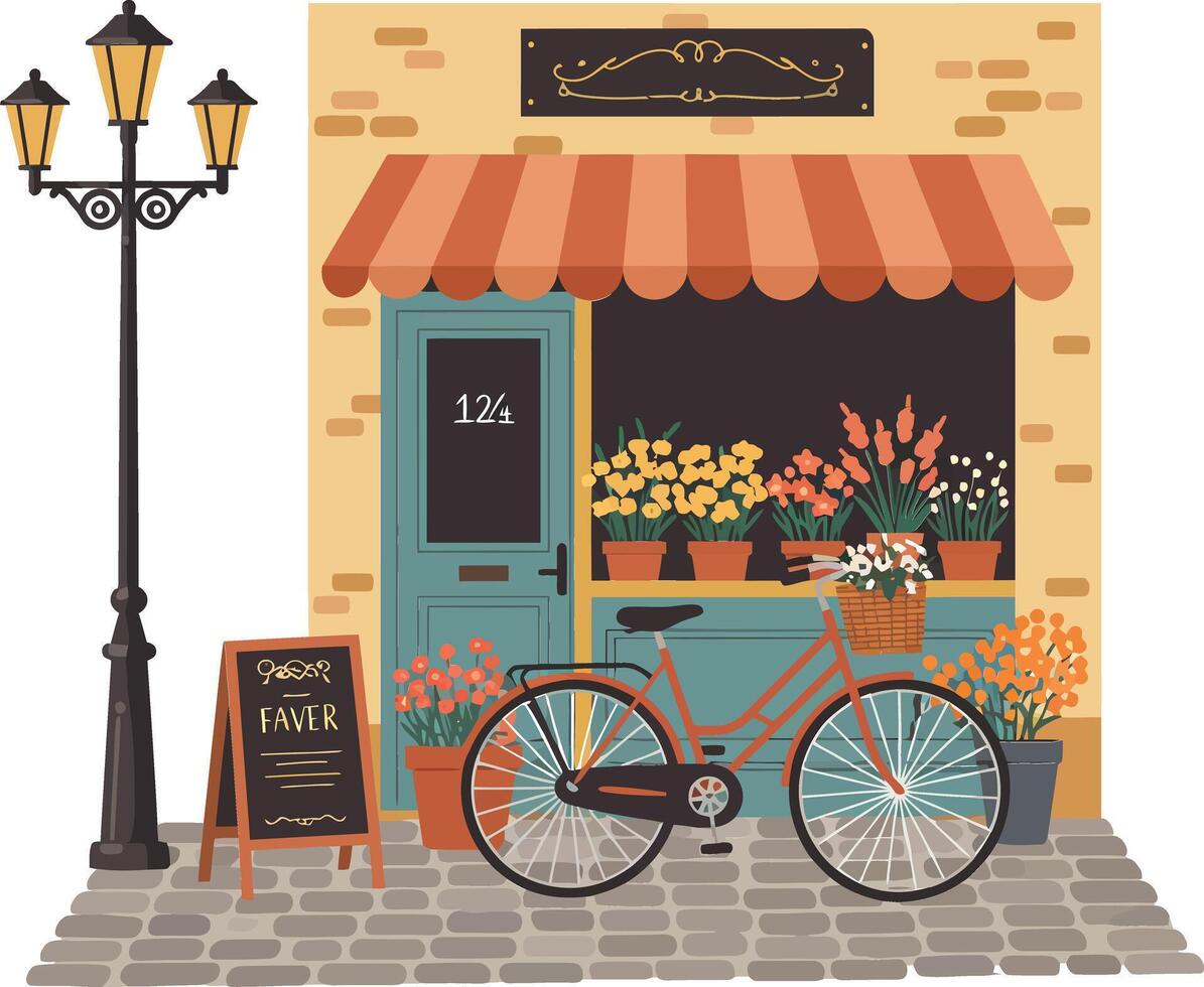 Flower shop storefront with bicycle and street lamp in charming urban setting illustration vector