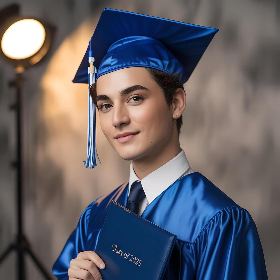 Confident graduate in royal blue gown, diploma portrait of the class of 2025 with studio elegance. photo