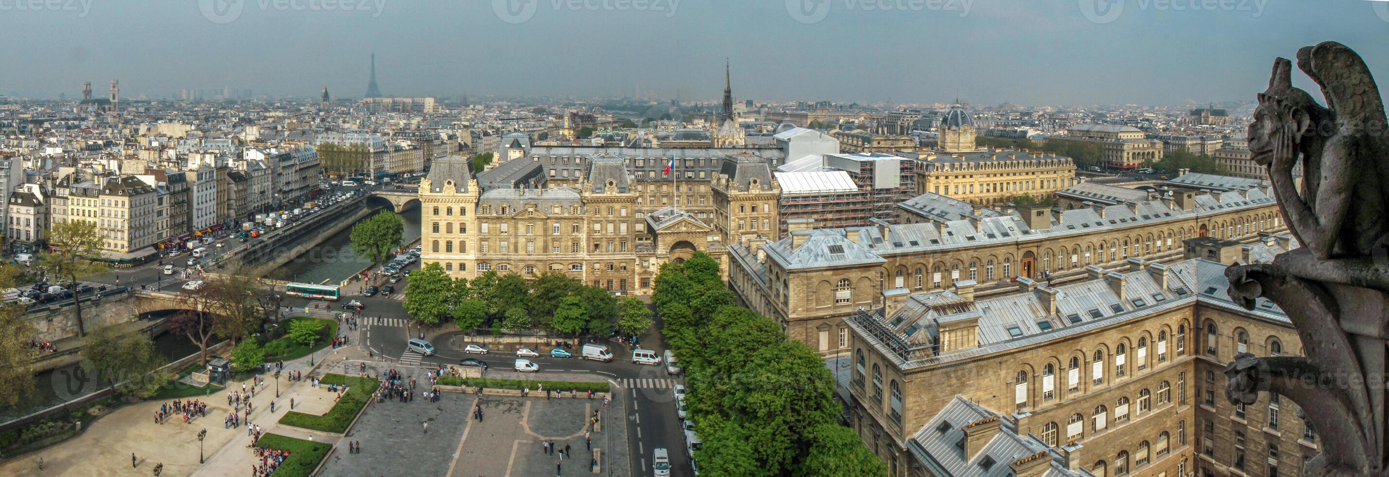 Panorama of Paris with gargoyle and views of central Paris with historical architecture and the Seine River. photo