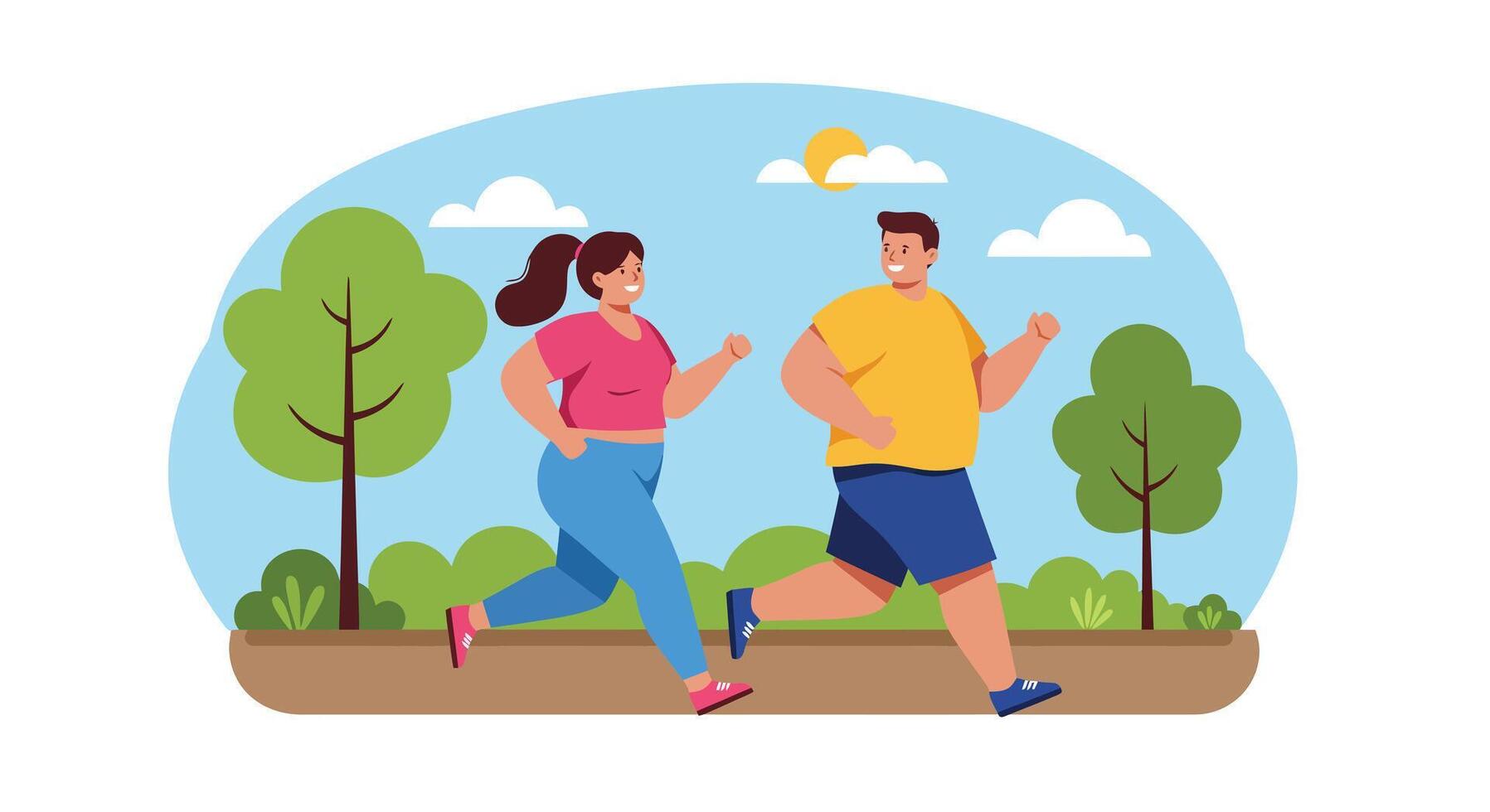 Man and Woman Running Outdoors in Park with Trees and Blue Sky Illustration vector