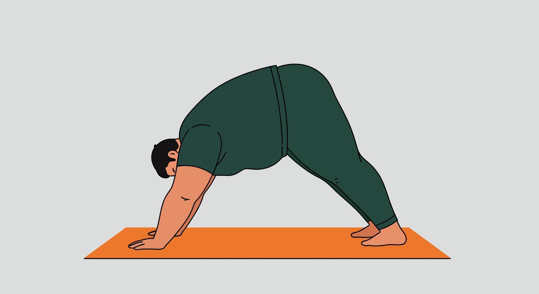 Man practicing downward dog yoga pose on orange mat in simple illustration vector