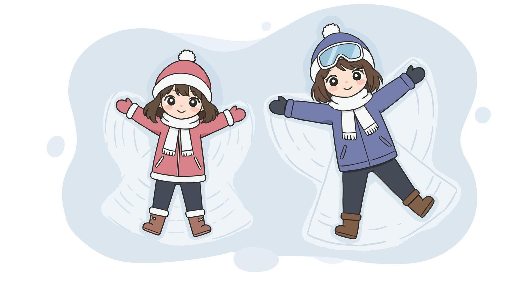 Two children making snow angels in winter clothes with hats and scarves outdoor fun activity illustration vector