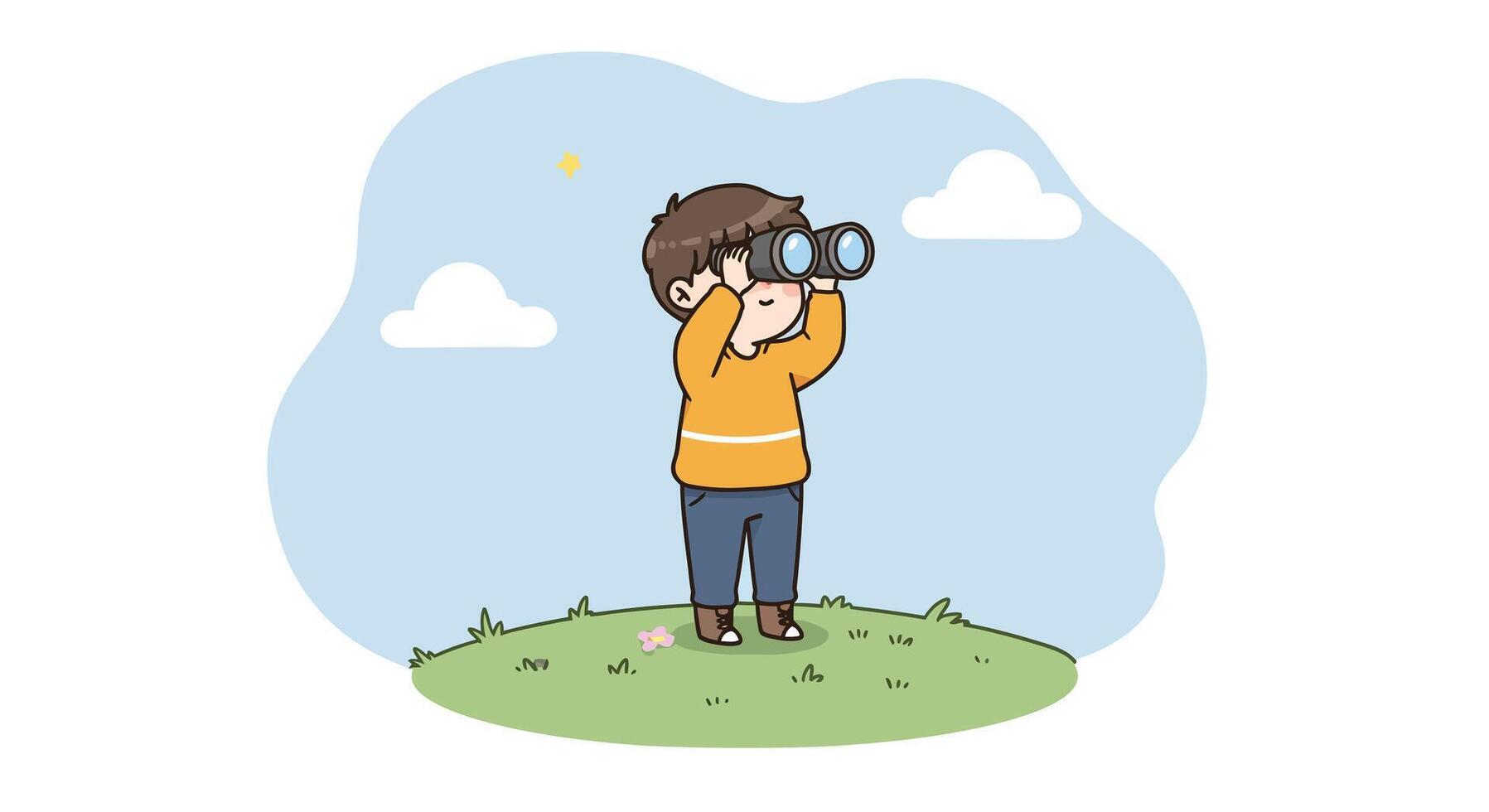 Child looking through binoculars standing on grassy hill under blue sky with clouds illustration vector
