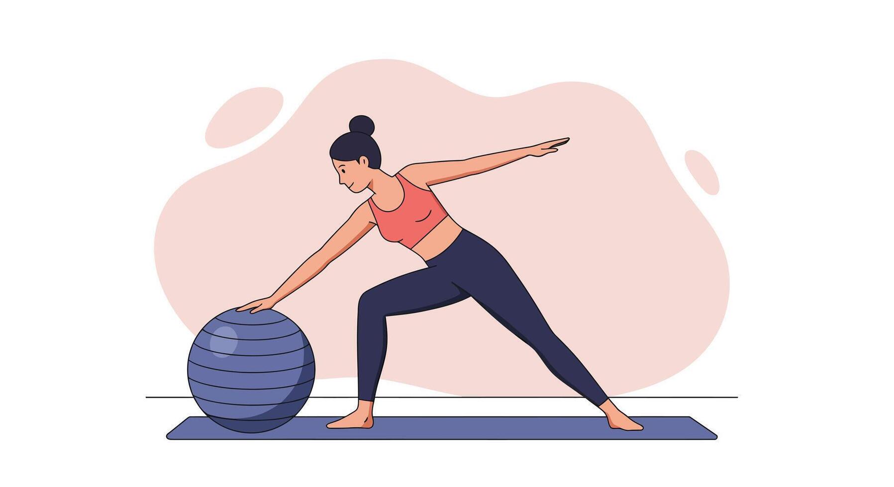 Woman stretching with exercise ball in fitness workout routine for flexibility and balance training vector