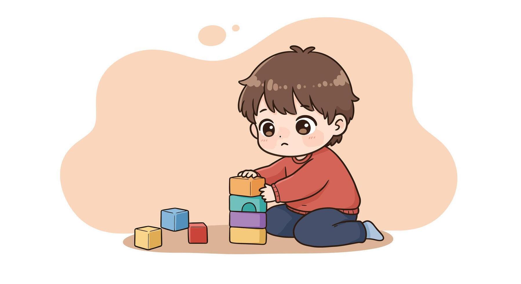 Toddler boy stacking colorful blocks playing indoors with focus and curiosity in a simple background illustration vector