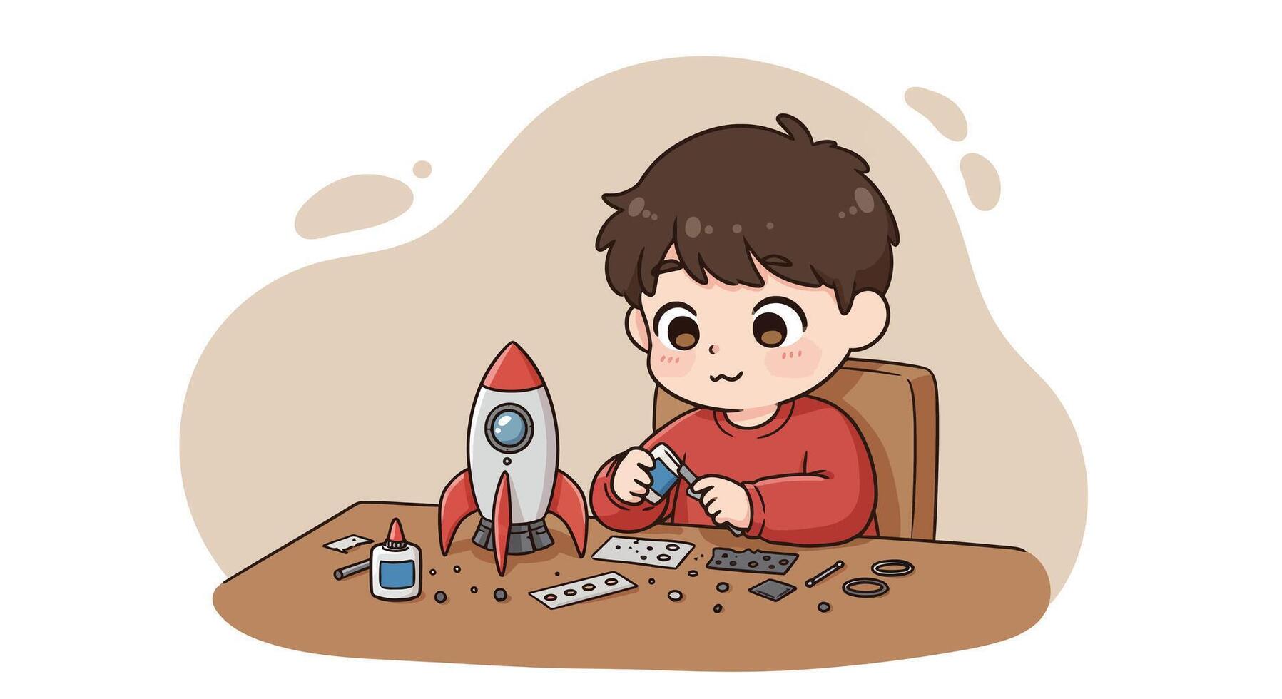 Boy assembling model rocket toy with glue and small parts on table in creative hobby activity illustration vector