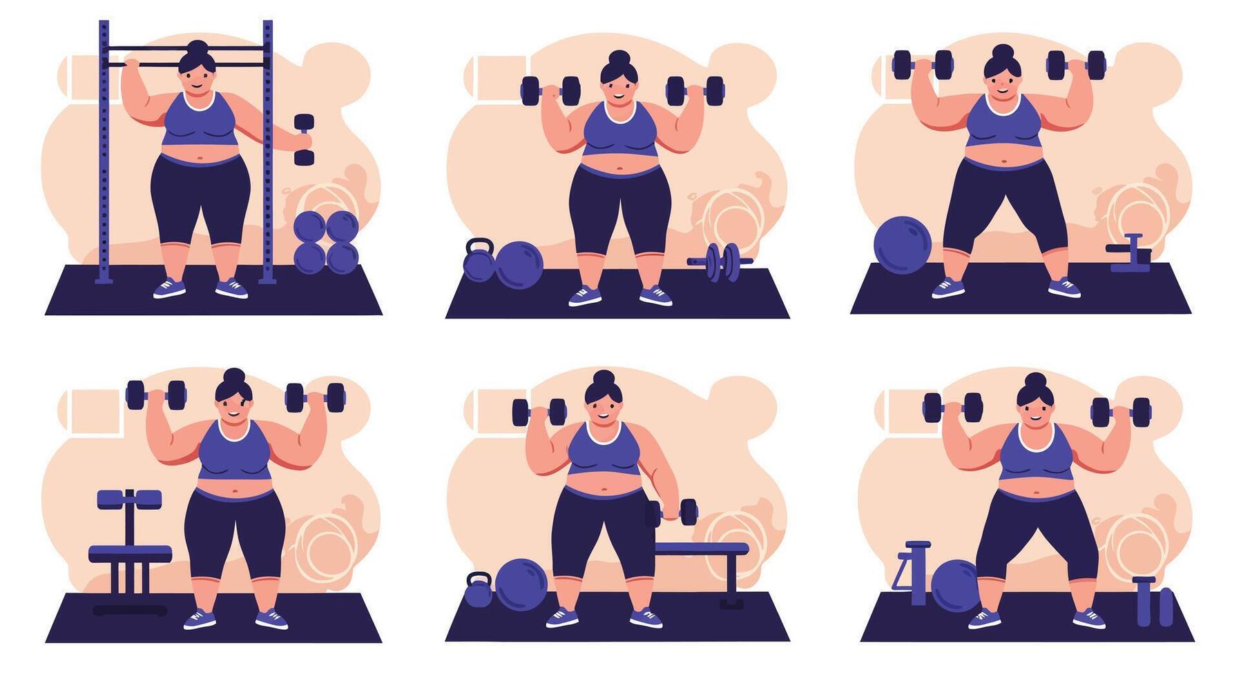 Overweight woman exercising with dumbbells and barbells in fitness routine illustration vector