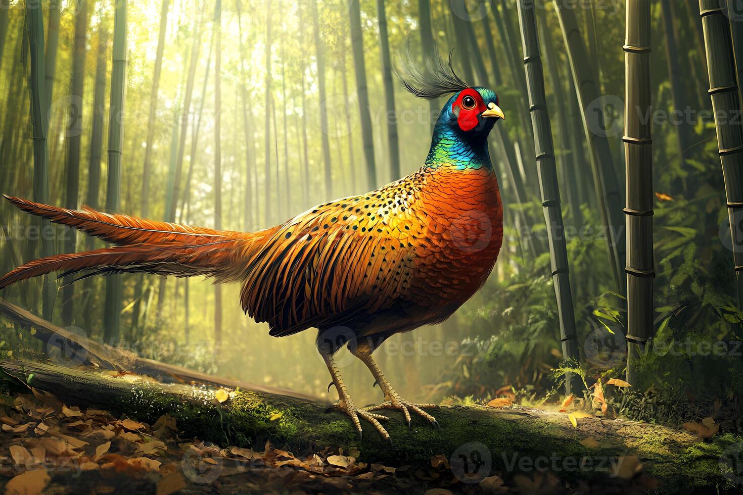 A golden pheasant bird gracefully wanders through a tranquil bamboo forest photo
