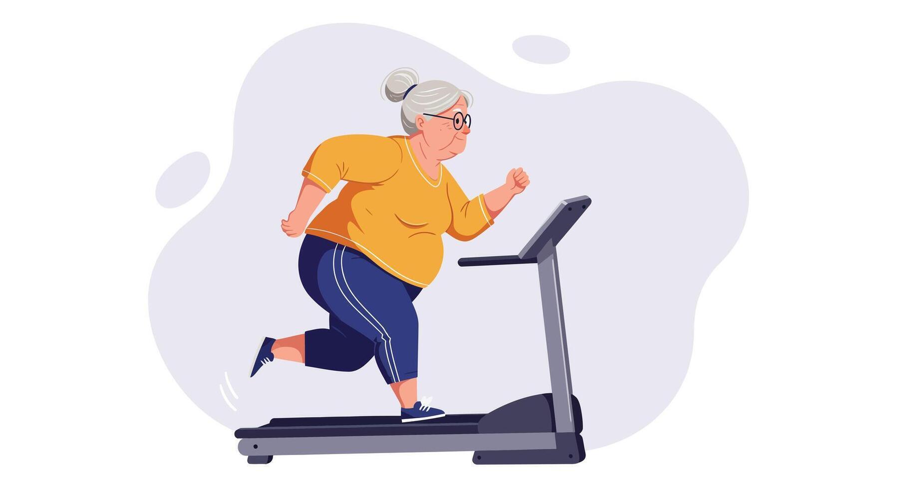 Mature woman running on treadmill exercising for fitness and health in home environment illustration vector