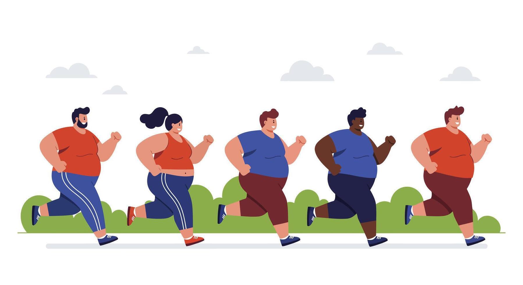 Overweight men and women jogging together in outdoor fitness activity for health improvement vector