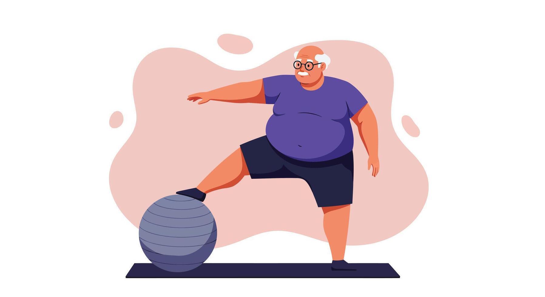 Senior man exercising with stability ball in home fitness routine for healthy lifestyle and physical activity vector