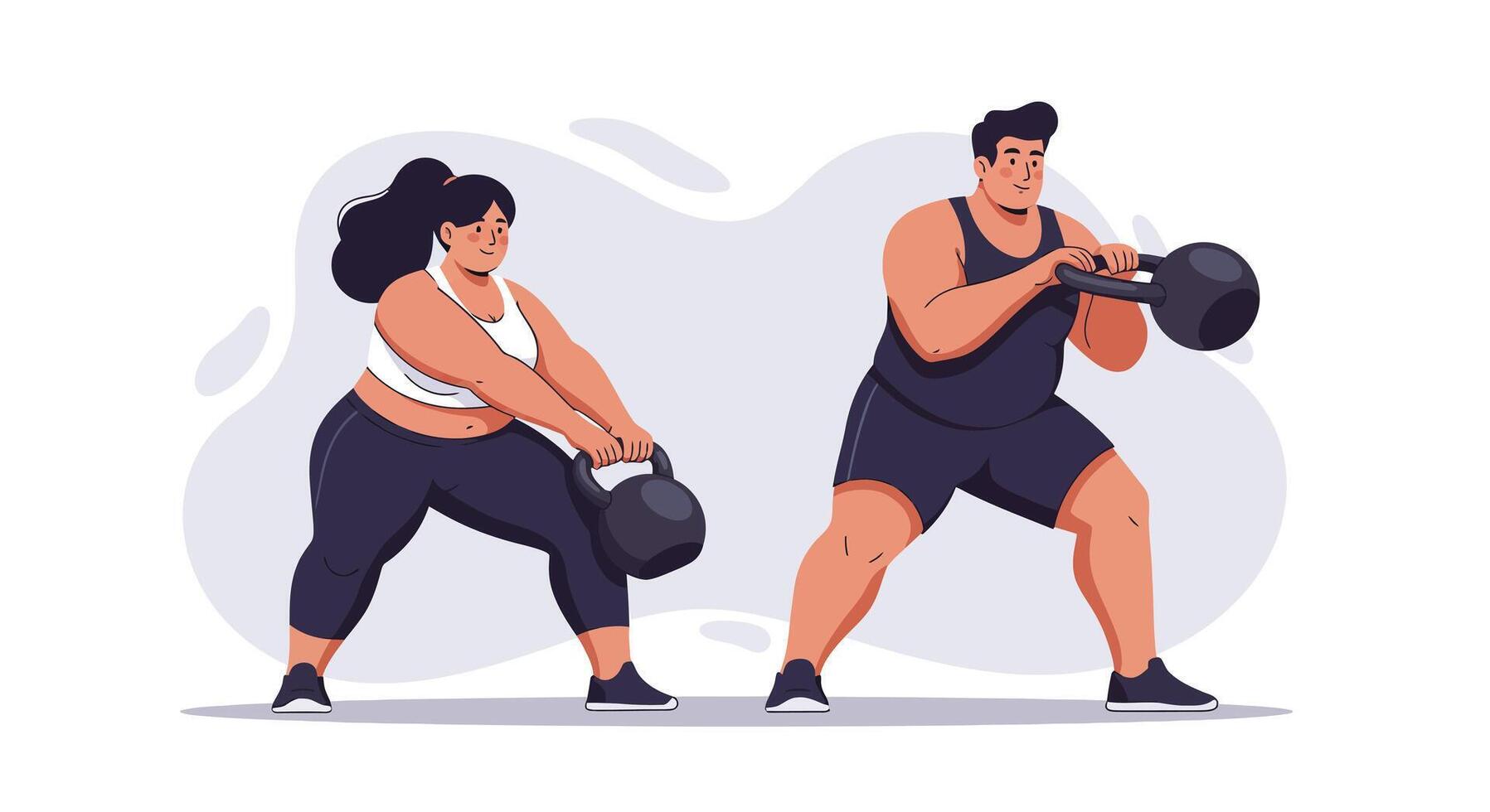 Man and Woman Exercising with Kettlebells in Fitness Workout Training for Strength and Endurance vector