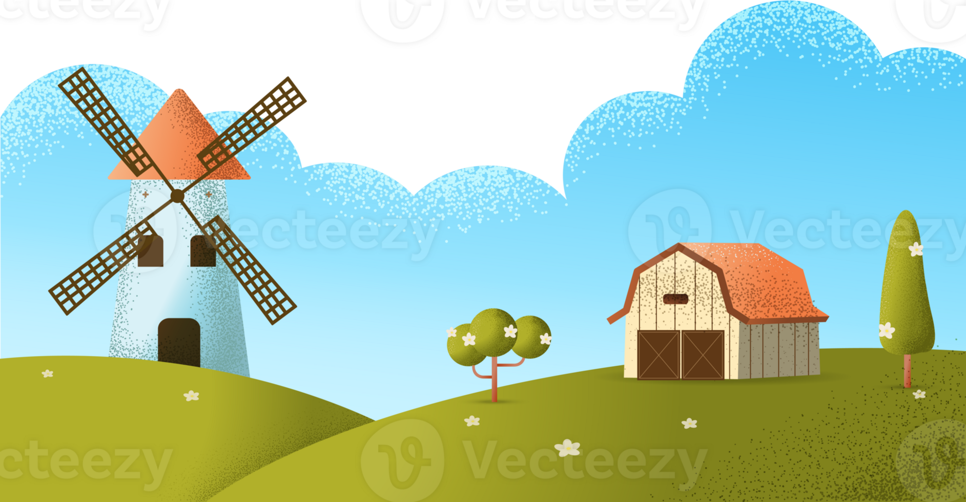 Horizontal Farm field nature landscape and a village on a hill texture style concept illustration. png