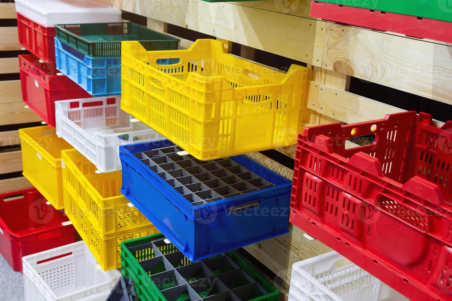 Empty plastic crates for fruits and vegetables. Industry photo