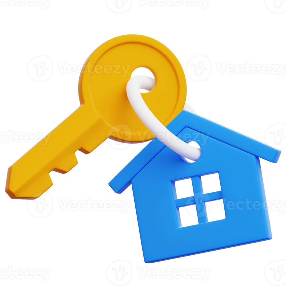 A single key hangs next to a model home, symbolizing ownership, security, and the realization of the dream of property ownership. png