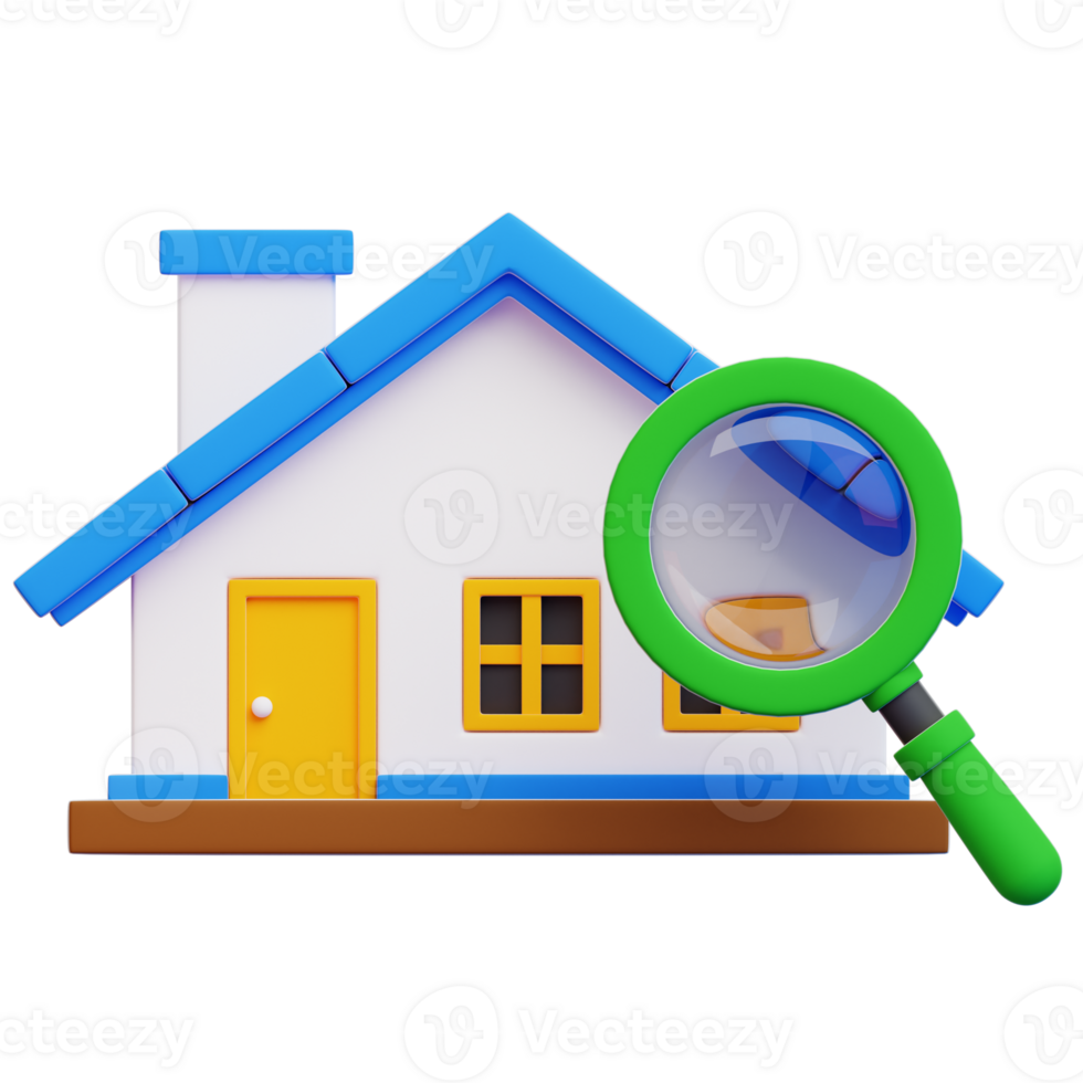 A captivating illustration of a house under the keen eye of a magnifying glass. This represents the detailed scrutiny in real estate. This is a visual metaphor for investigation, and home searching. png