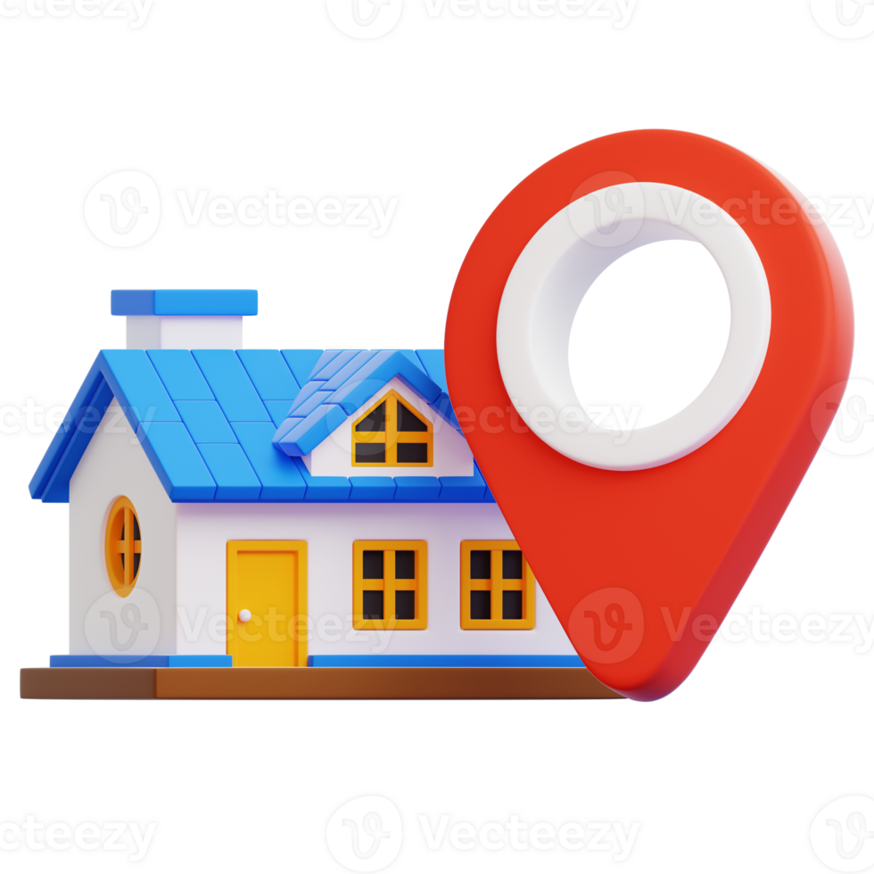 An eye-level illustration showcases a vibrant house with a blue roof next to a large red location marker, symbolizing home location. The image is a visual representation of property location. png