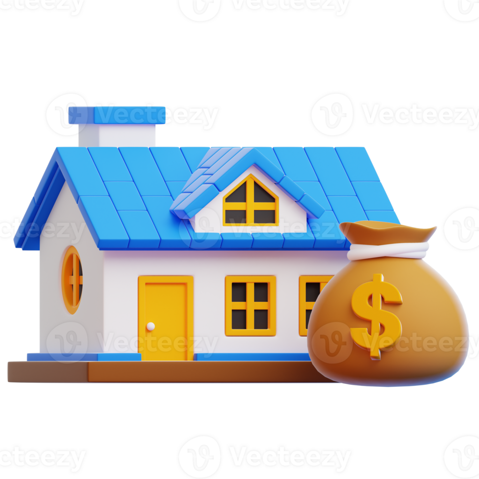 A simplified 3D-rendered illustration of a house next to a bag of money, representing the concept of homeownership and financial investment. png