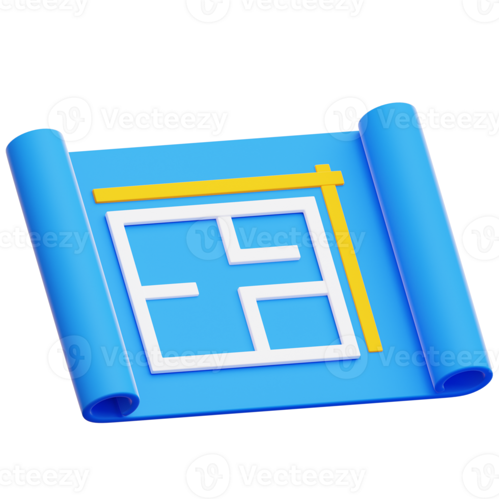 Architectural Blueprint Illustration, A high-angle view reveals a detailed blueprint roll. A symbol of architectural plans for property design, and construction. png