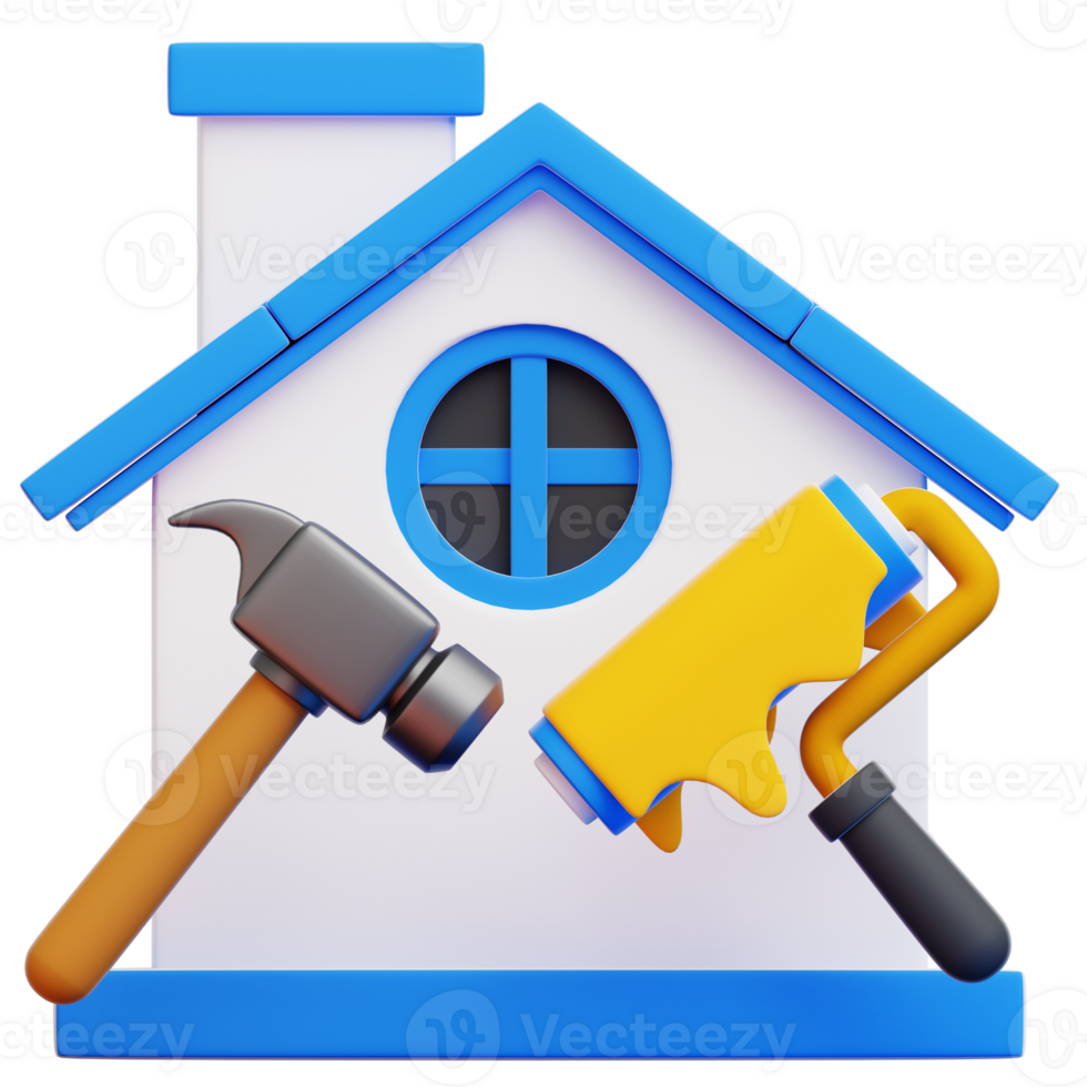 An eye-level, artistic rendering showcases home renovation and home improvement with a hammer and paint roller set against a simplified house. png
