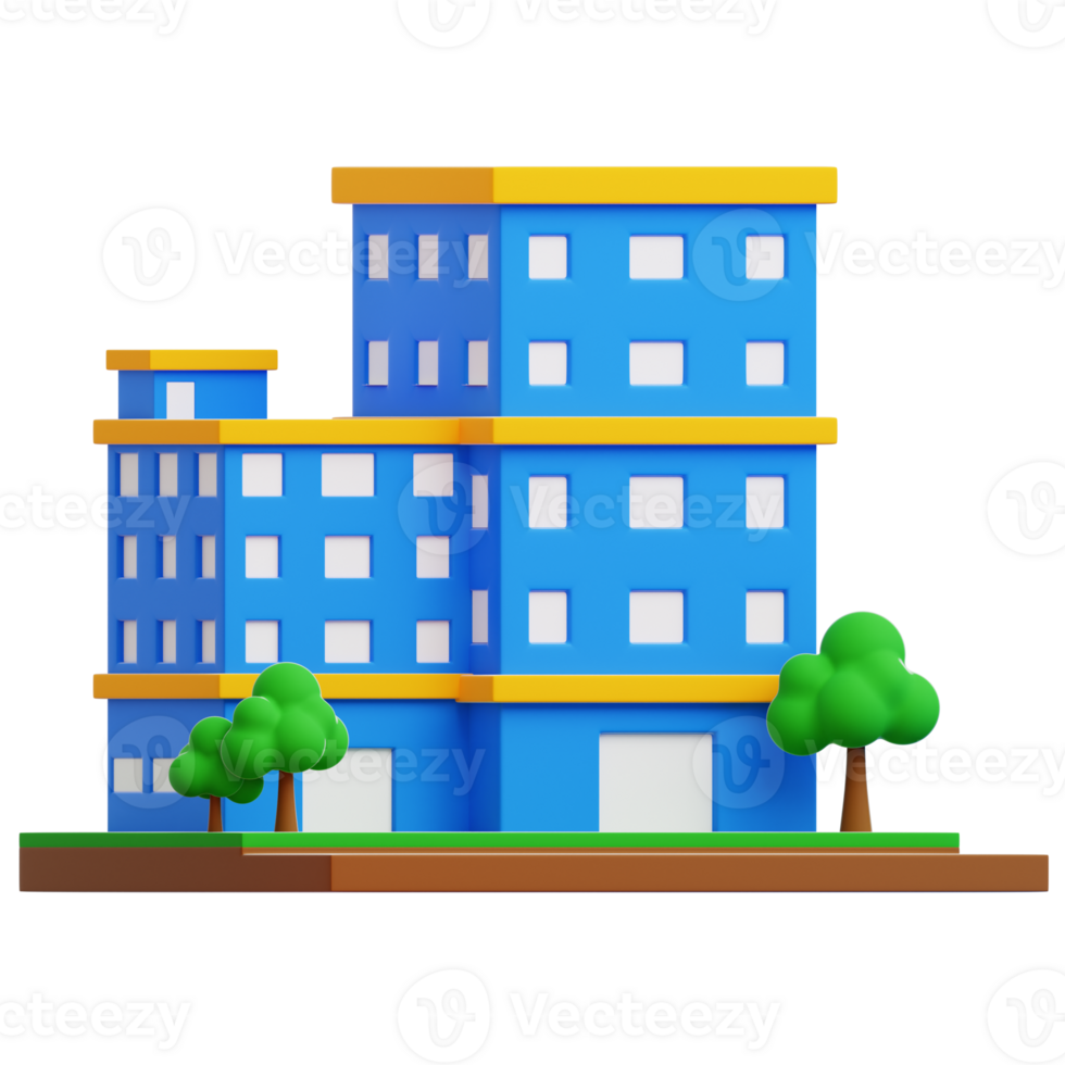 Modern buildings in blue and yellow stand proudly, with stylized trees adding a touch of greenery, this design features a geometric and architectural visual. png