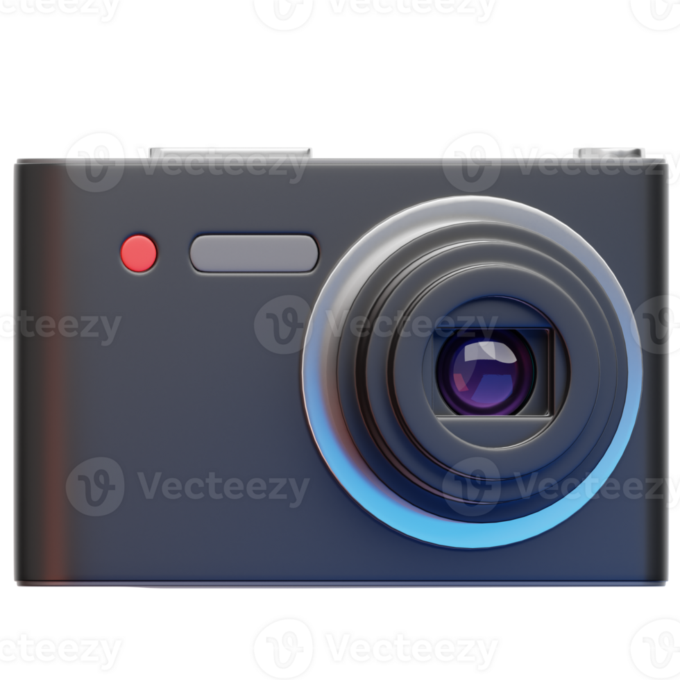 3D Digital Camera Close-up, A detailed view of a sleek digital camera, ready to capture moments. png
