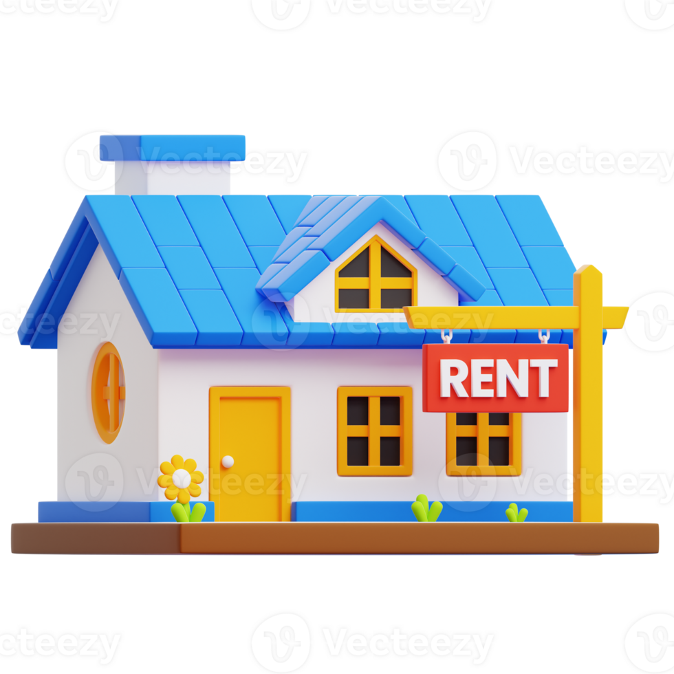 An inviting cartoon style house showcases a RENT sign, inviting prospective tenants to find their next dwelling. This property scene radiates warmth and potential. png