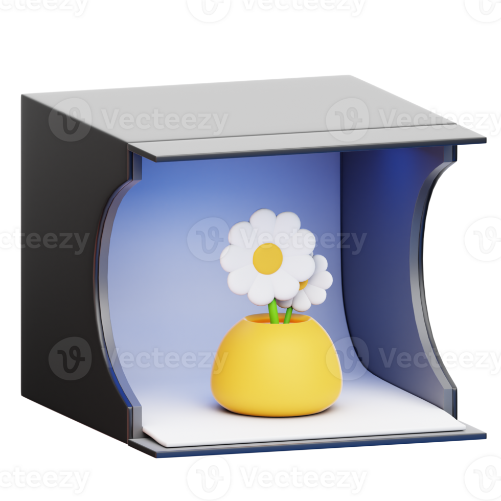 3D Floral in Mini Studio Box, An illustrative, whimsical presentation of daisies in a vibrant yellow pot, displayed under soft lighting png