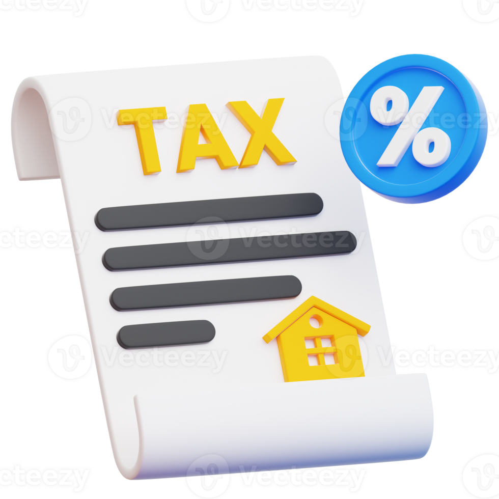 A 3D-rendered image of a tax bill with a house icon and percentage symbol, illustrating concepts of property tax and financial obligations. png