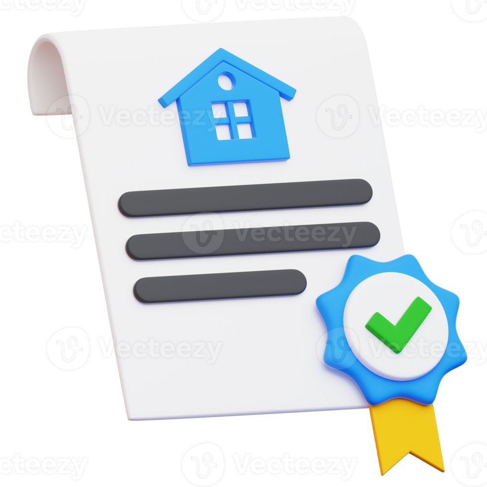 A real estate document with house icon and a seal with check mark representing approval. png