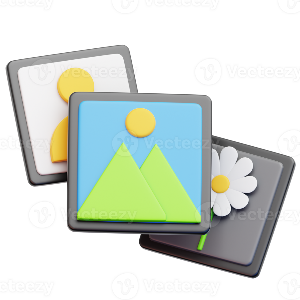 3D Picture Gallery, A captivating array of 3D-rendered image icons, designed with sleek minimalism, showcasing a spectrum of visual elements, perfectly suited for digital content. png