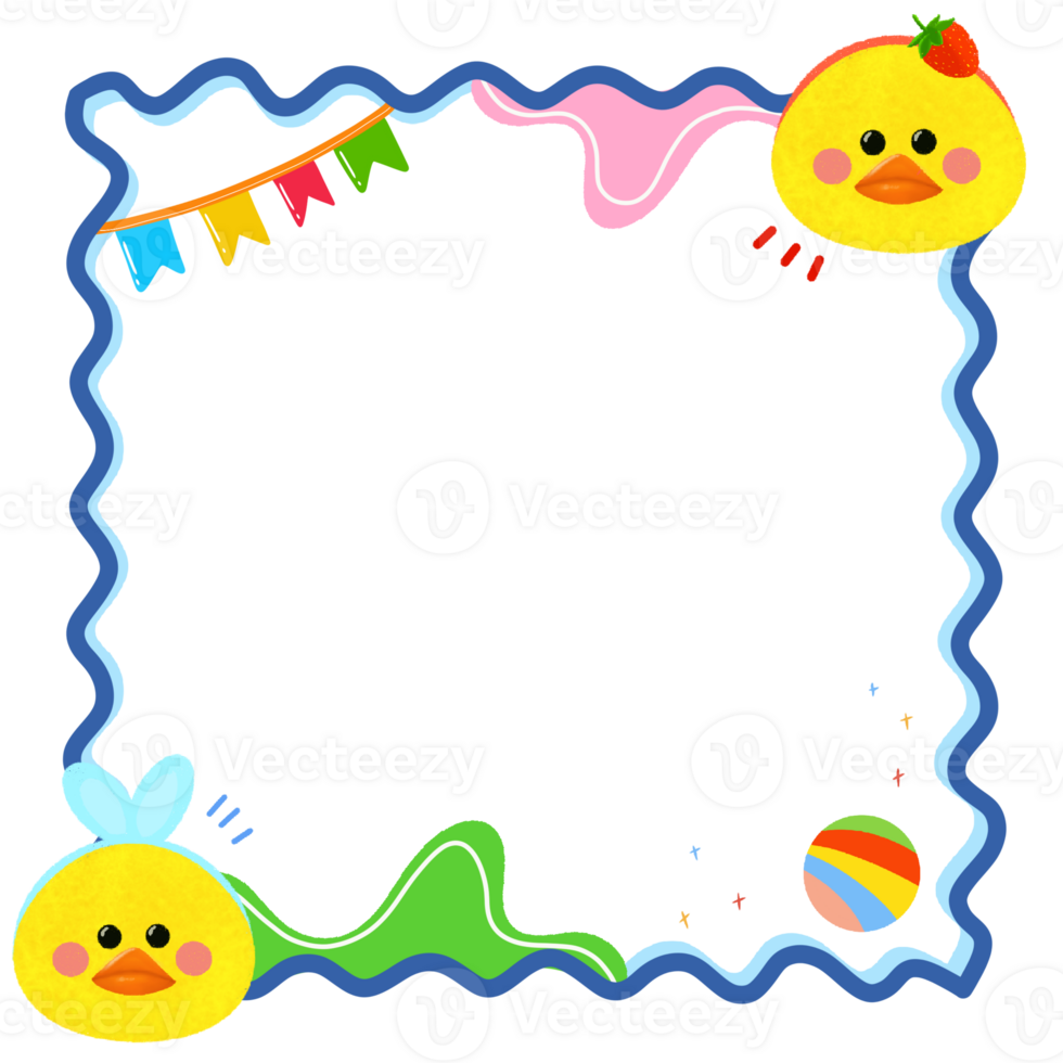 Cute wavy border frame with chicks and festive decorations png