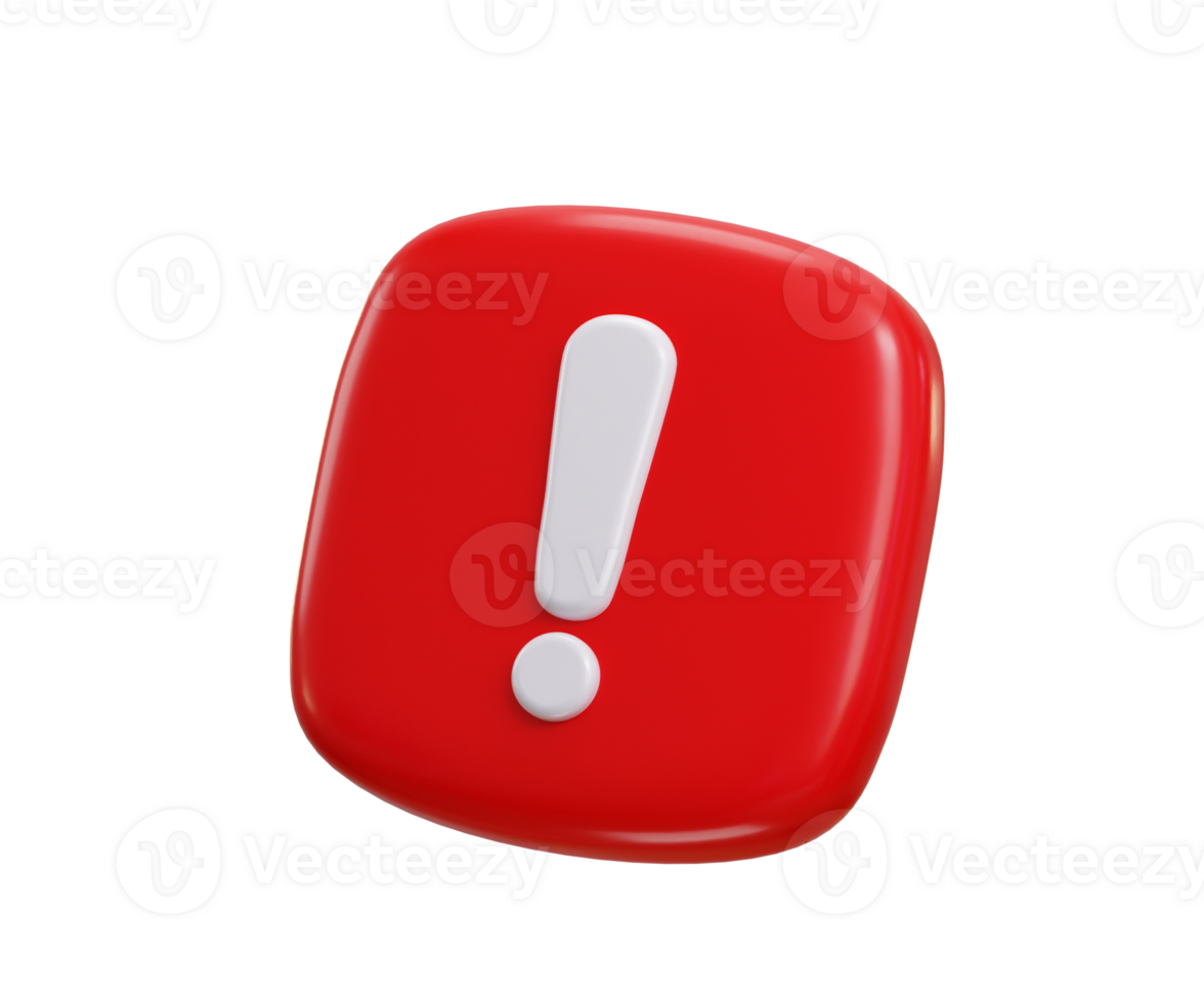 Exclamation point icon 3d render concept of warning sign, danger risk and alert problem icon illustration png