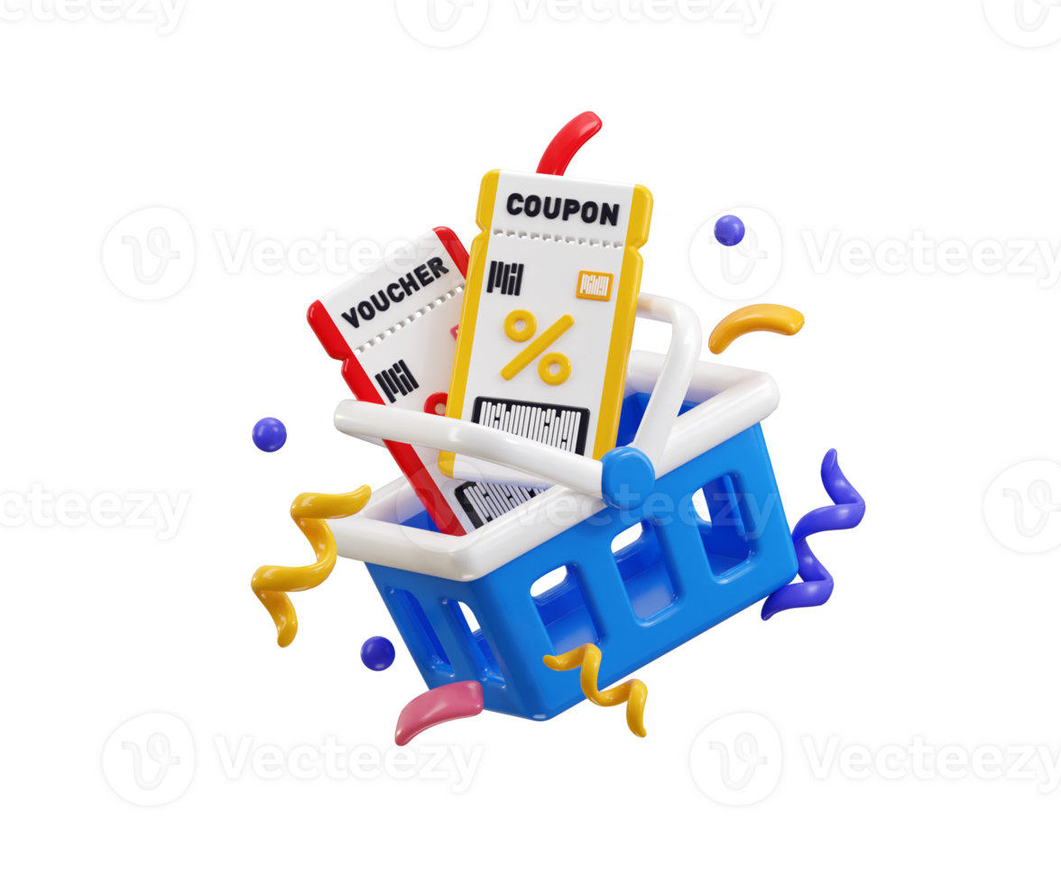 shopping cart with discount coupon icon 3d render concept of consumer shopping discount, buy trolley, shopping cart checkout illustration png