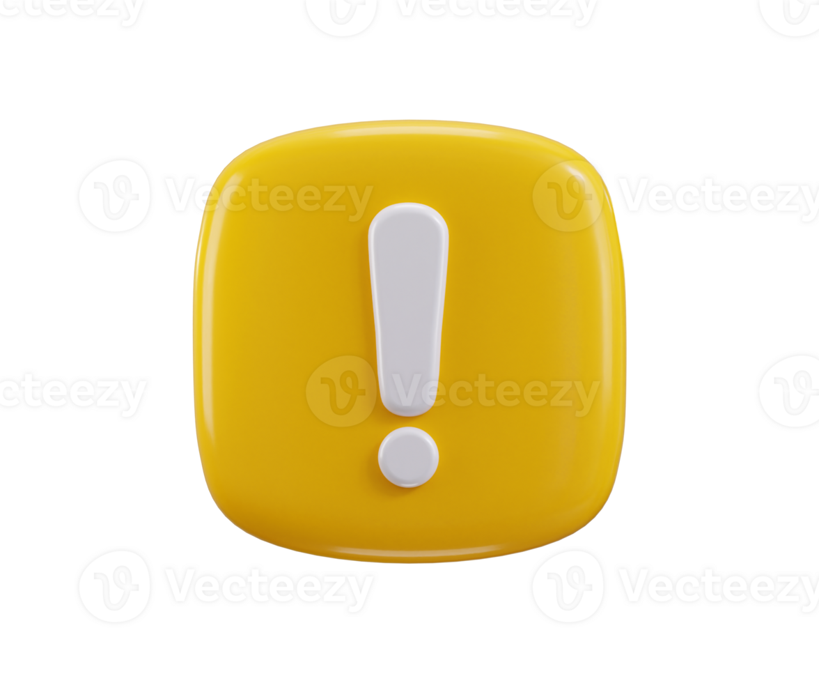 Exclamation sign 3d render concept of message warning or danger risk and message alert problem icon illustration png