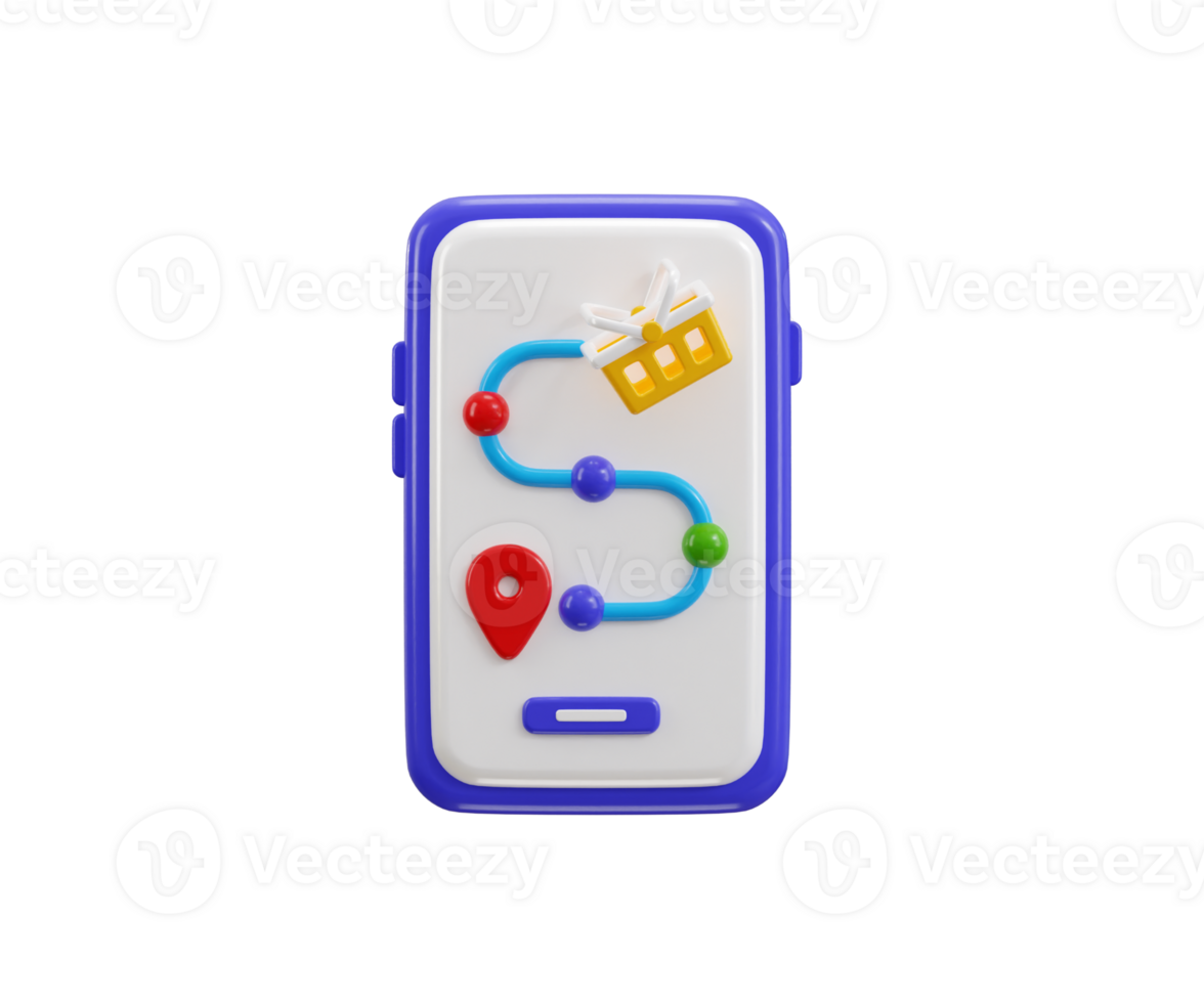 Smartphone with shopping center route path shopping cart location pin icon 3d render concept of shopping mall location illustration png