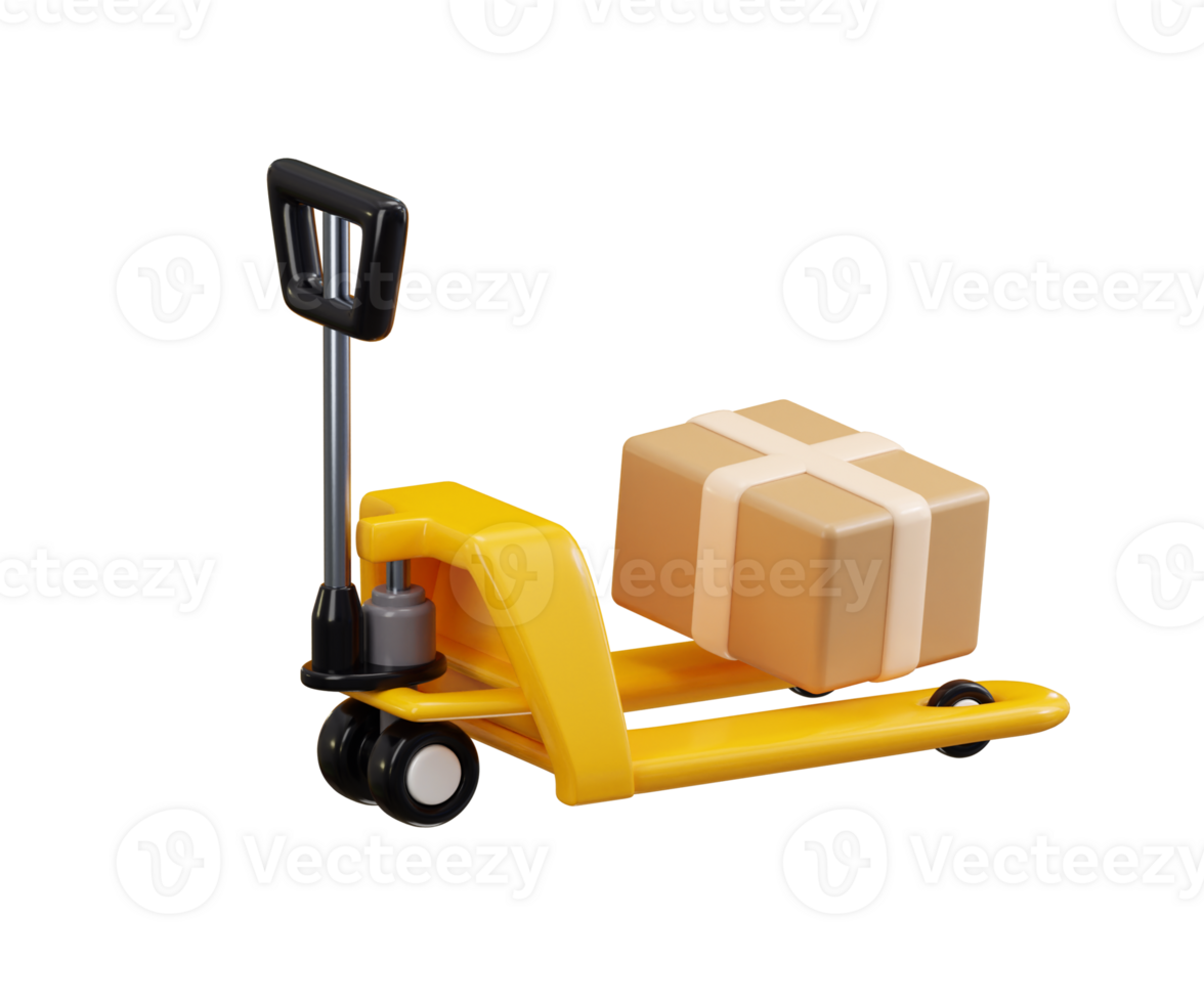 Hydraulic trolley with cardboard boxes icon 3d render concept of warehouse pallet jack, Logistic loading trolley illustration png